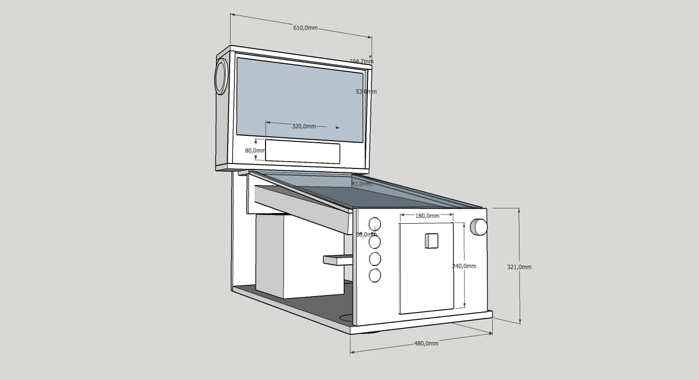 Planungzeichnung meines Mid-Size Virtual Pinball in Sketchup 3D ausgelegt für zwei Monitore (Playfield 31′, Backbox 19′)